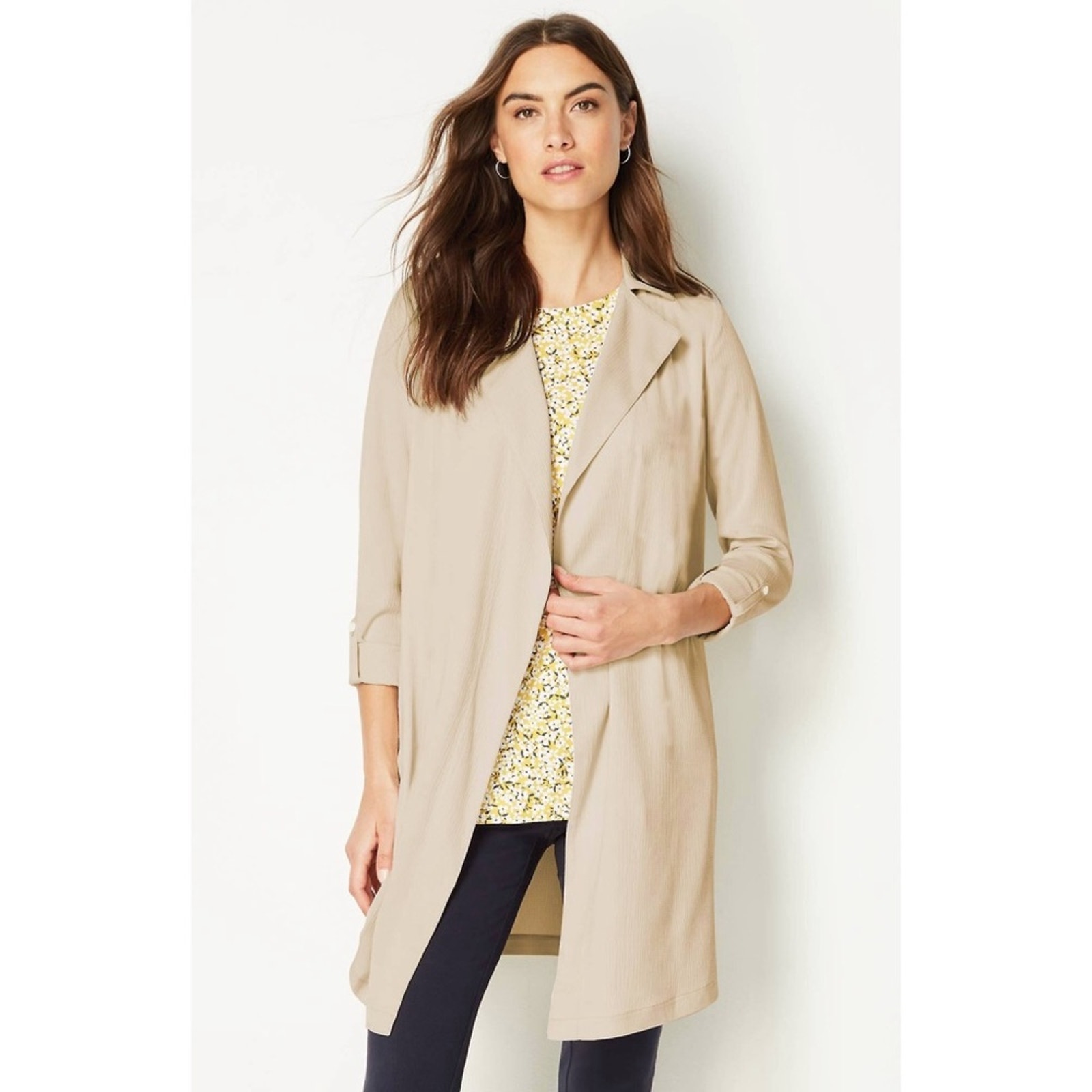 J.Jill Wearever Drape Front Lightweight Washable Trench Jacket Oatmeal Beige